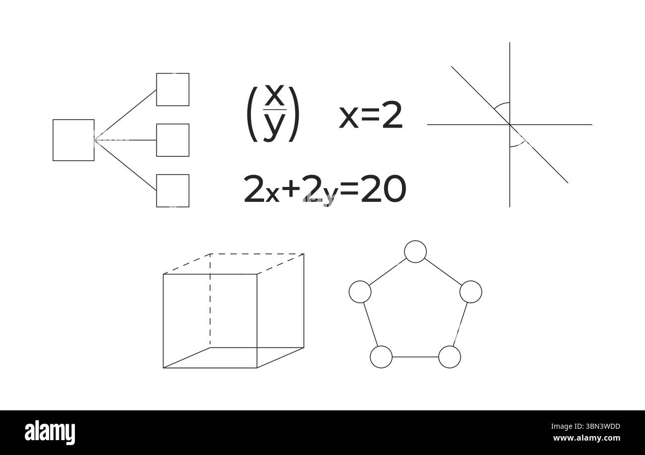 Educational math equations and geometric shapes 2D line objects set Stock Vector