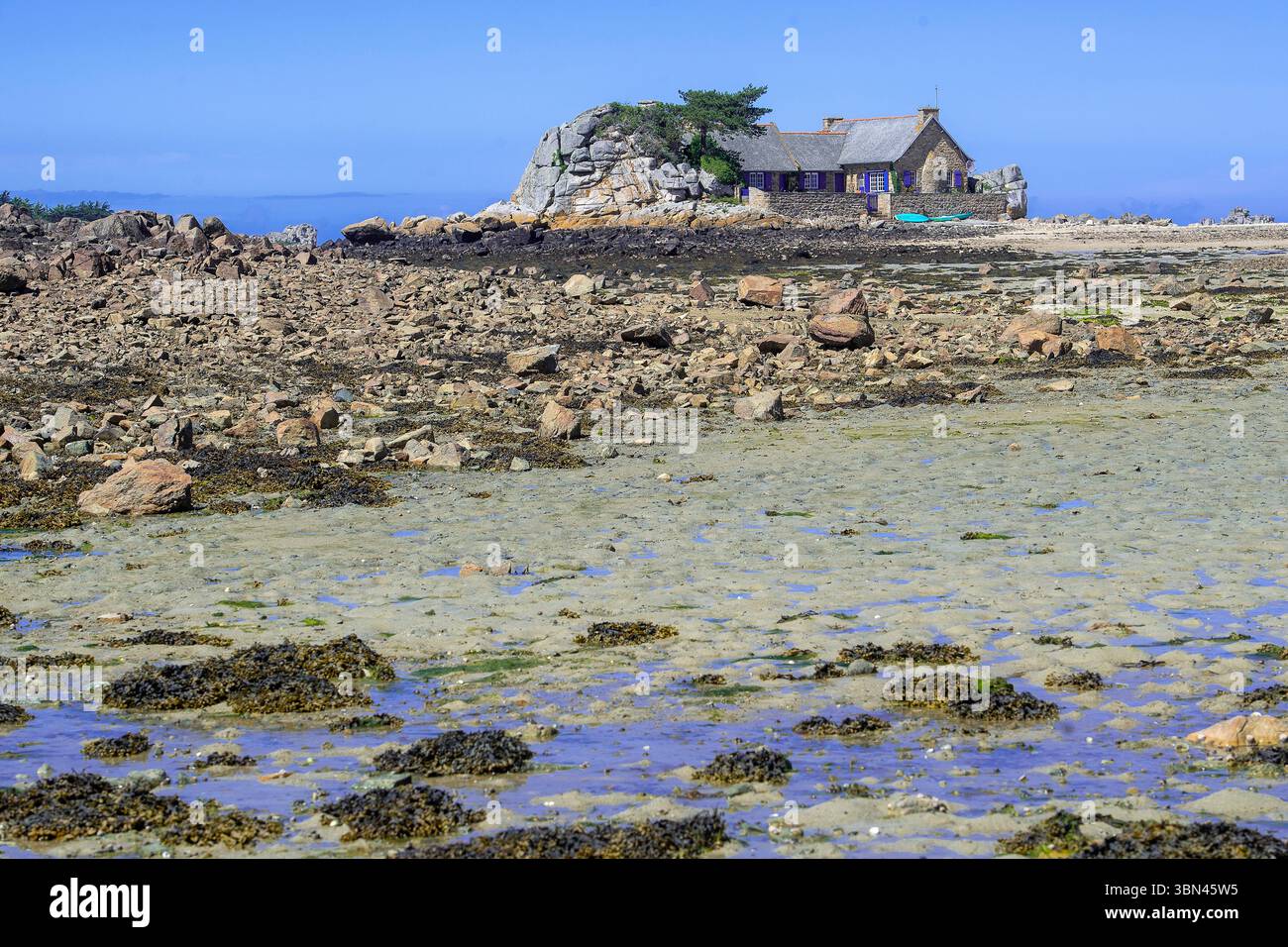 France. Brittany. Cotes d'Armor. House at Pors Scarff (municipality of Plougrescant) Stock Photo