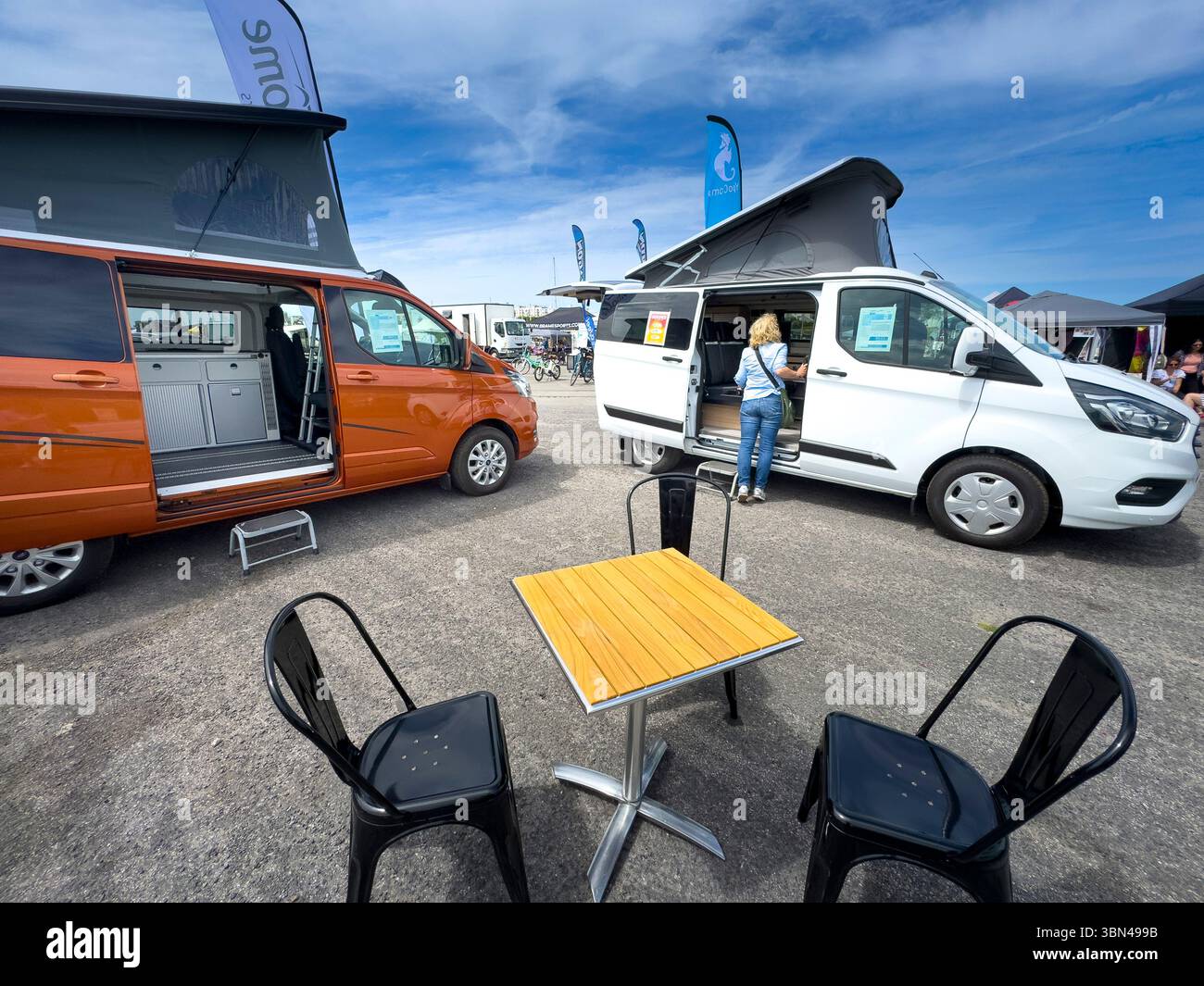 Salon on the theme of Vanlife. Exhibition of converted vehicles.. Vehicle equipped with a roof tent Stock Photo