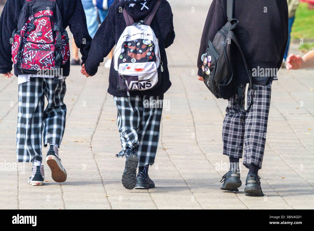 Three young people dressed alike, Vans brand, seen from behind. Trouple Stock Photo