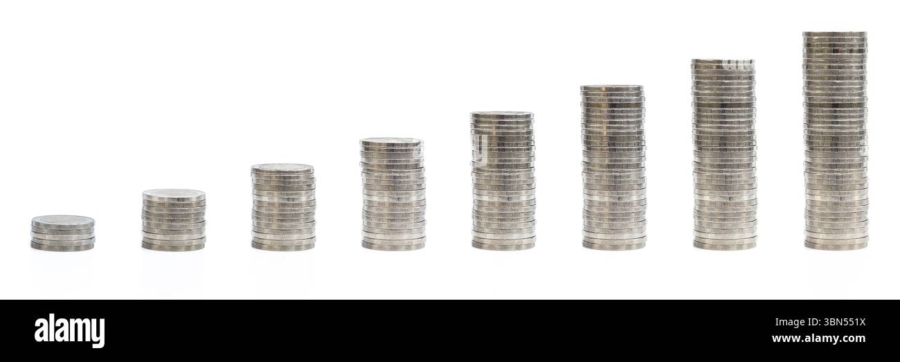 horizontal stack of steps growing coin isolated on white,growing ...