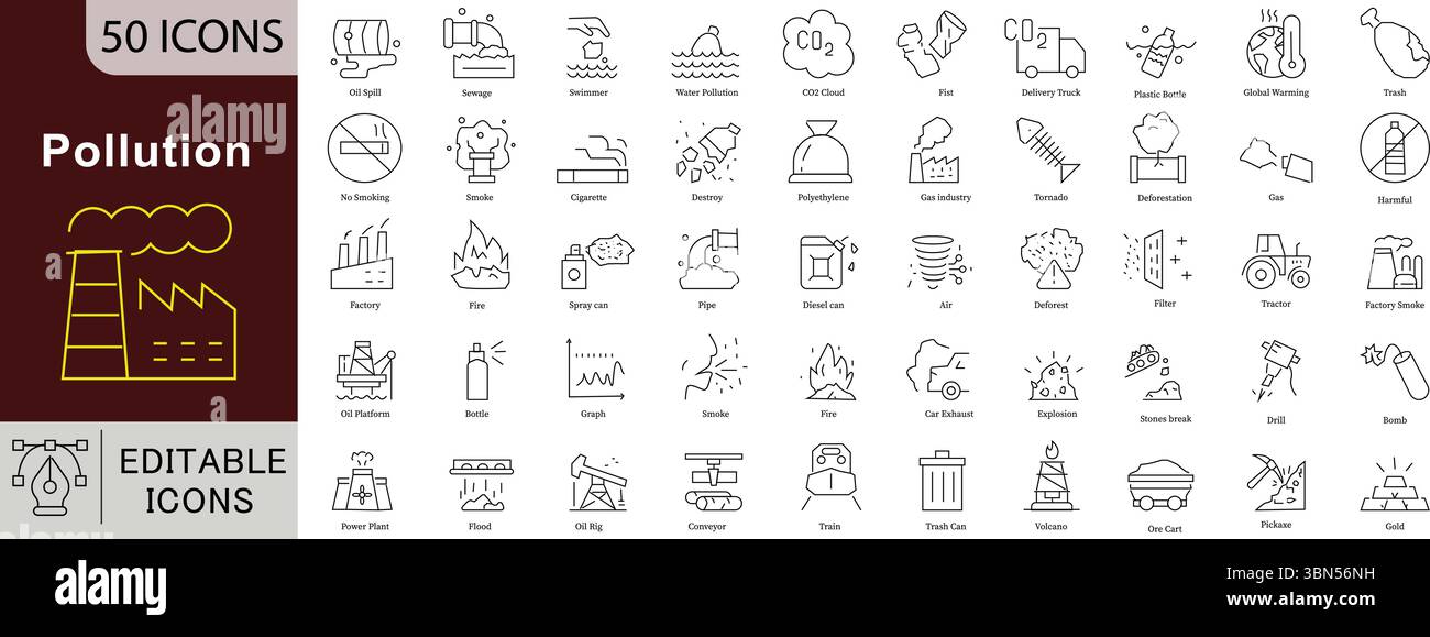 Pollution and Environmental Threat Line Icons: Air, Water, Waste and ...