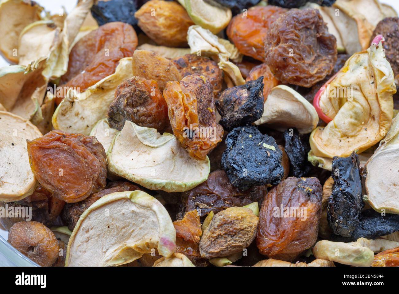 Mixed Dried Fruits background closeup Stock Photo