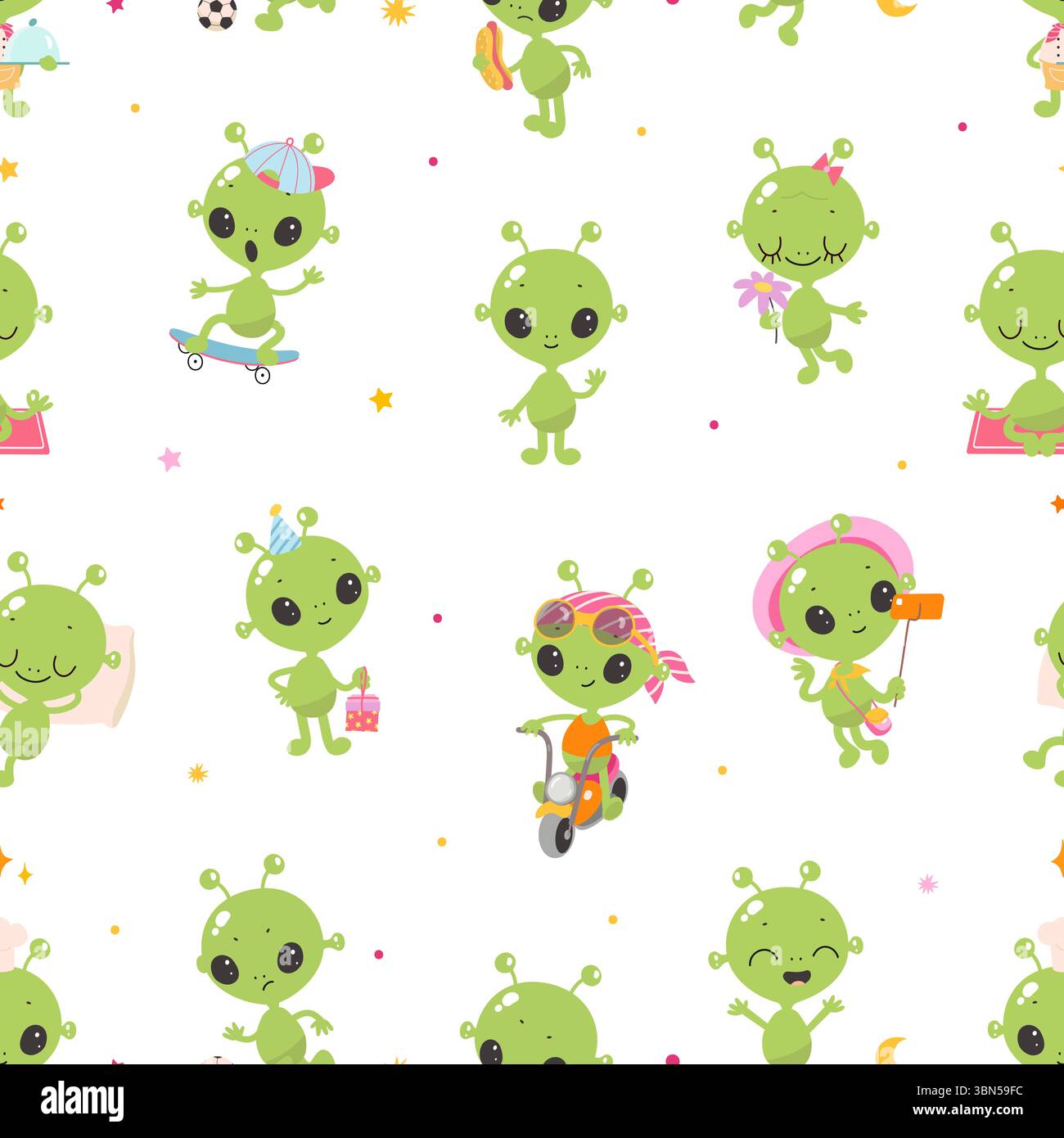 Cartoon green aliens seamless pattern. Isolated ufo characters in ...