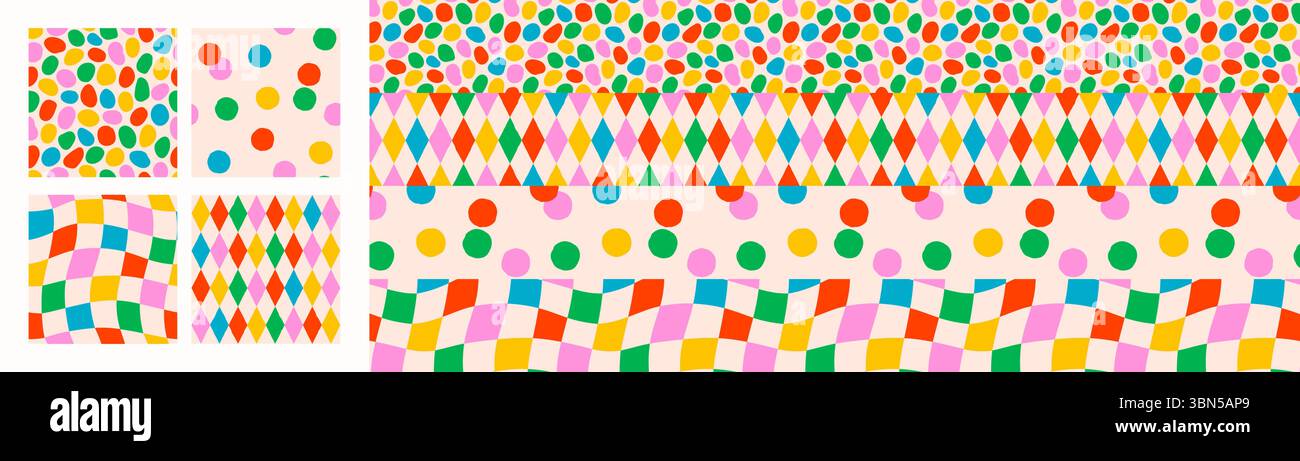 Colorful confetti pattern backgrounds with abstract dot, diamond, square, and wavy checker elements. Retro pattern and seamless vector design for Stock Vector