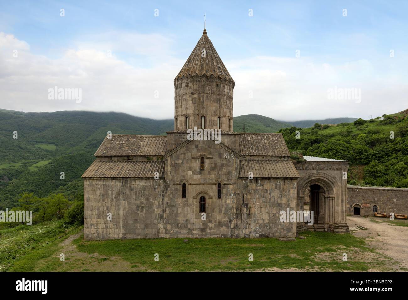 The ninth-century Tatev Monastery, a fortified complex perched dramatically on a cliff edge above the deep Vorotan River Gorge in Syunik province. Stock Photo
