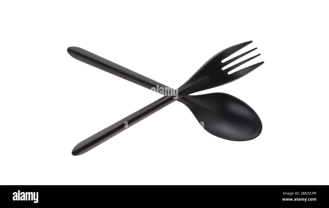 Black fork and spoon on white bg Stock Photo