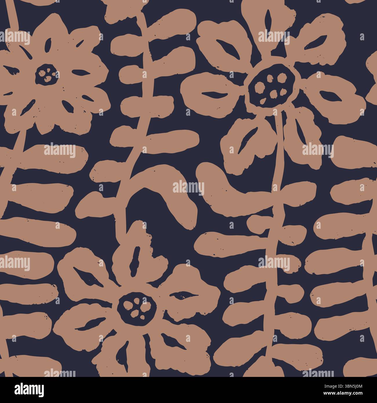 Brush strokes inky flowers brown seamless pattern Stock Vector