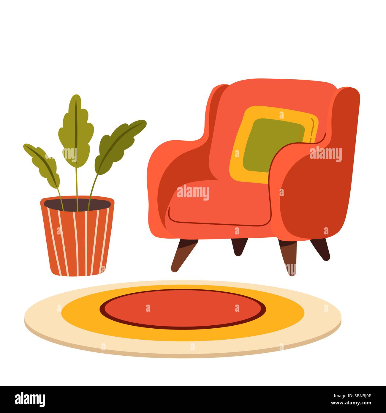 Furniture vector illustration set. Cartoon flat design furniture with armchair, lamp, nightstand, house plants. Designer fashion items for home interi Stock Vector