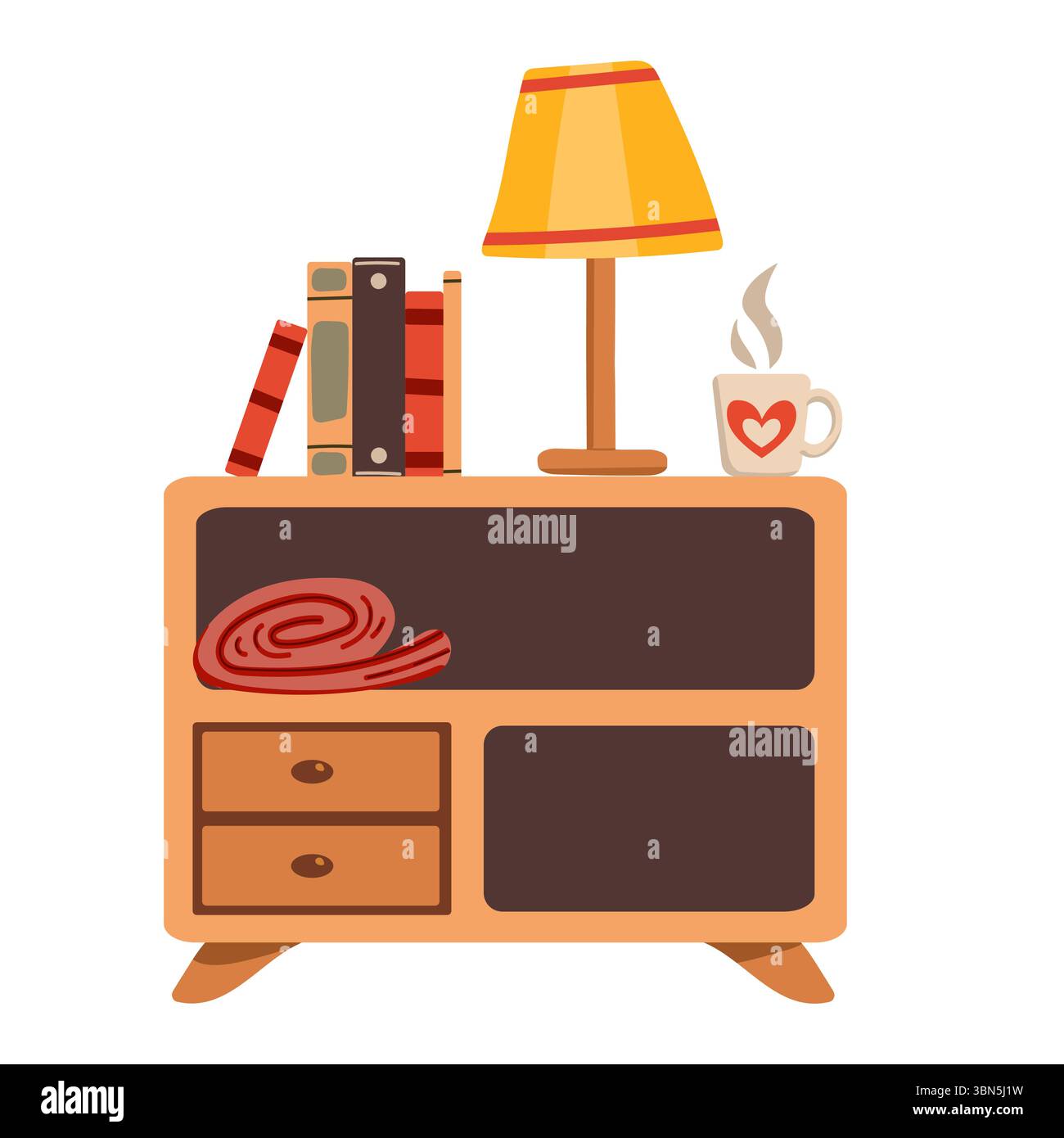 Furniture vector illustration set. Cartoon flat design furniture with armchair, lamp, nightstand, house plants. Designer fashion items for home interi Stock Vector
