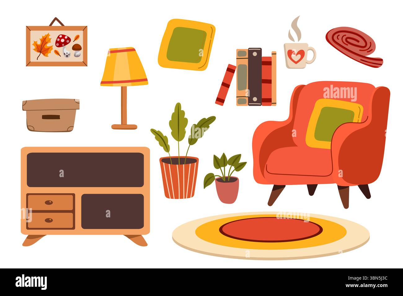 Furniture vector illustration set. Cartoon flat design furniture with armchair, lamp, nightstand, house plants. Designer fashion items for home interi Stock Vector