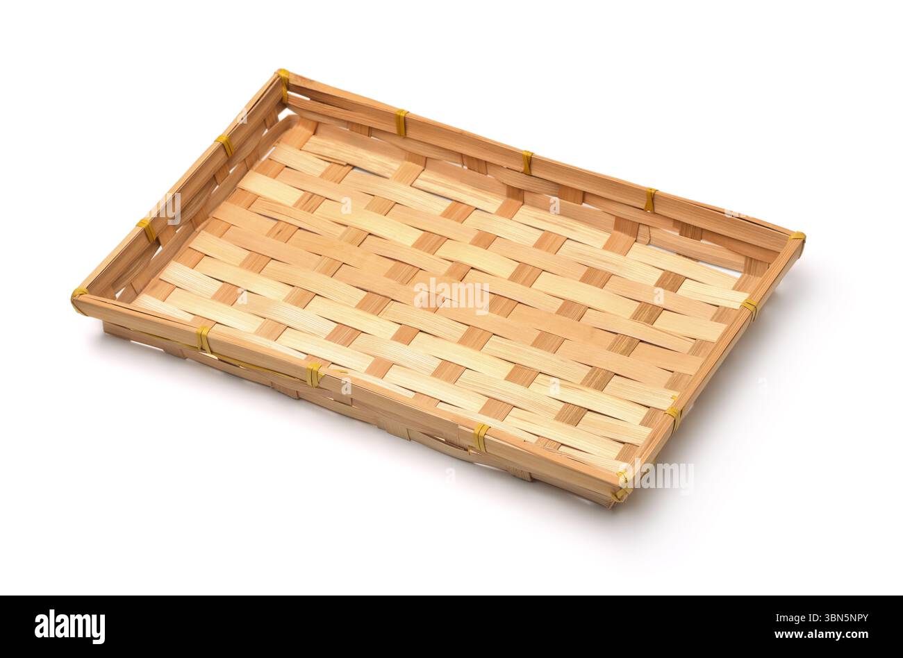 Empty bamboo woven rectangle packaging tray isolated on white Stock Photo
