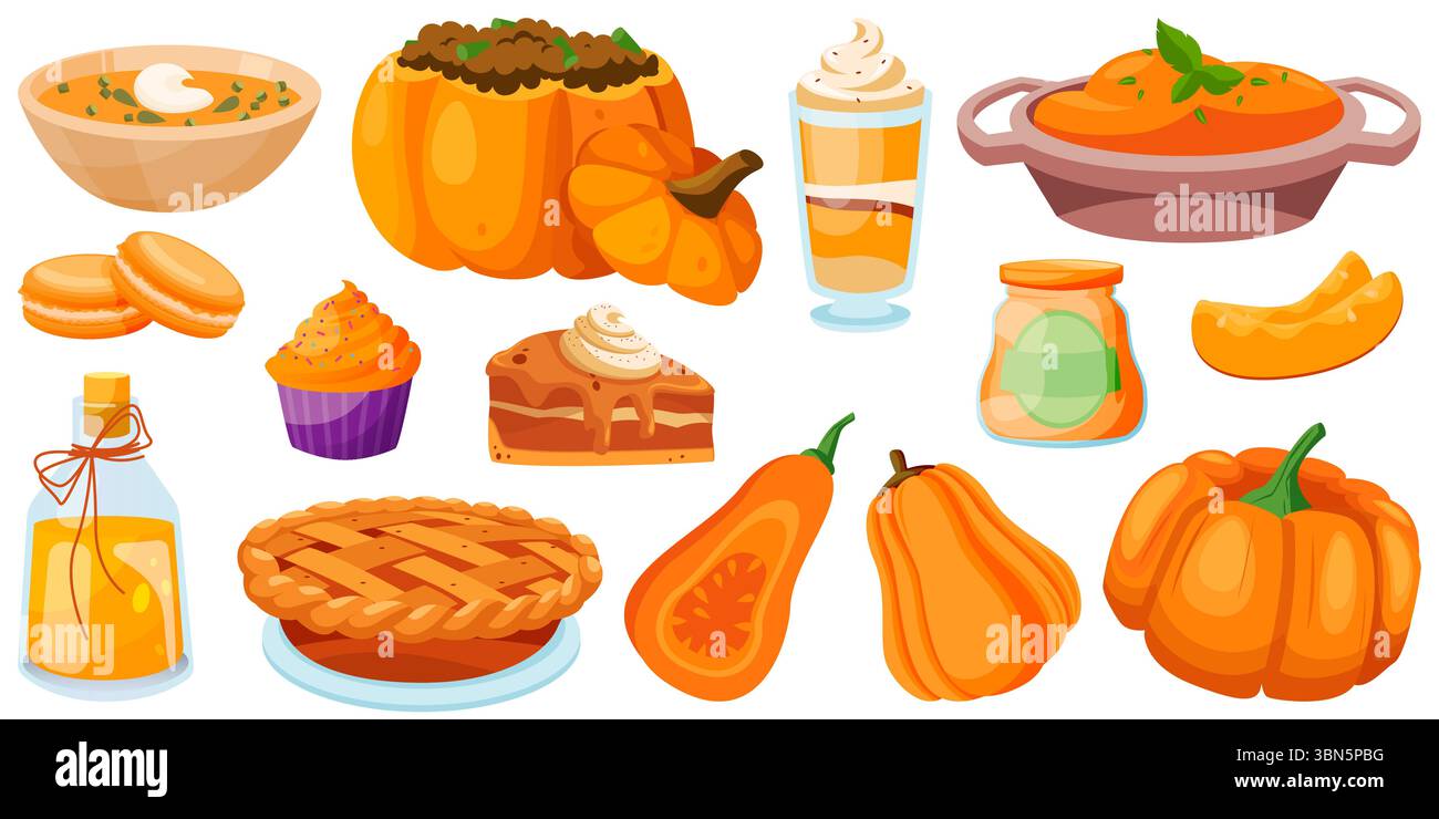 Autumn food and drinks made from pumpkin. Pumpkin soup, pumpkin pie, pumpkin spice vector flat cartoon illustration set. Traditional meal menu design Stock Vector