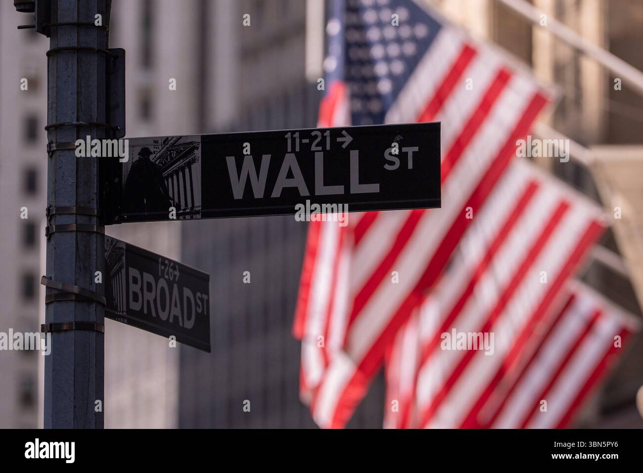 Wall Street sign hangs next to the New York Stock Exchange on Monday ...