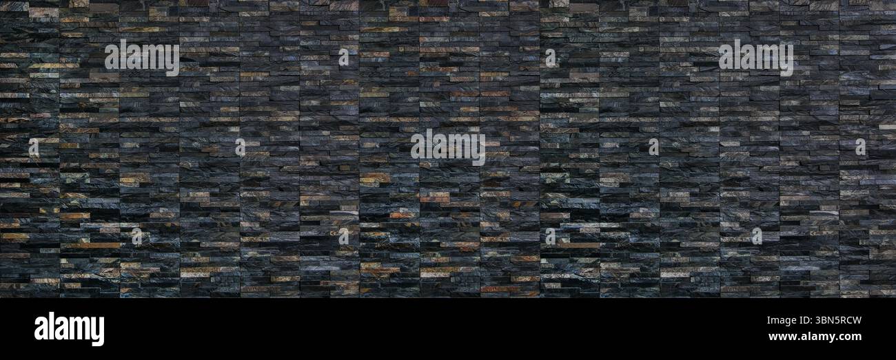 horizontal dark modern black slate brick wall for pattern and background. Stock Photo