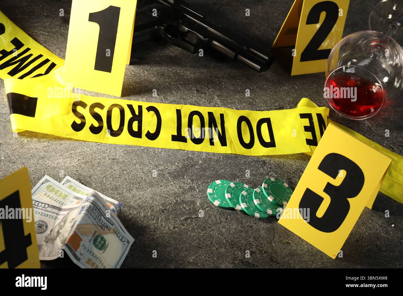Forensic expert. Yellow crime scene tape, markers and evidences on grey ...