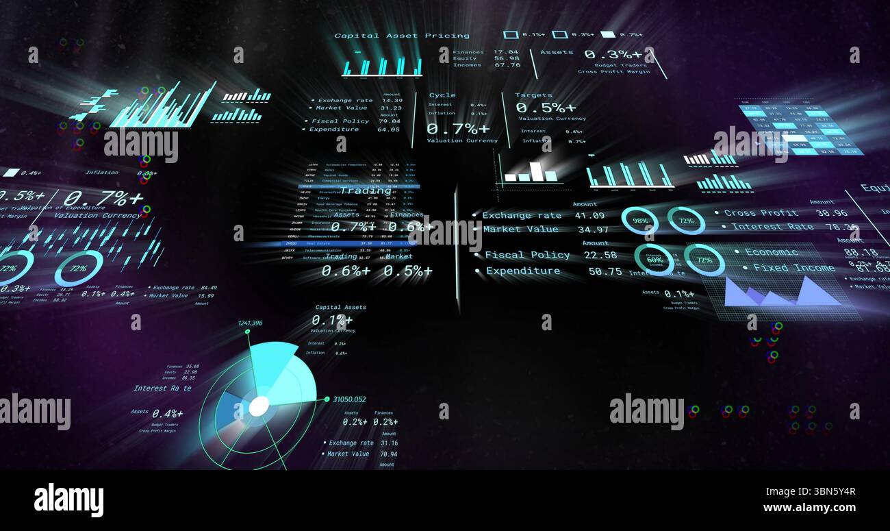 Displaying holographic financial dashboard in dark 3D space, with bar ...