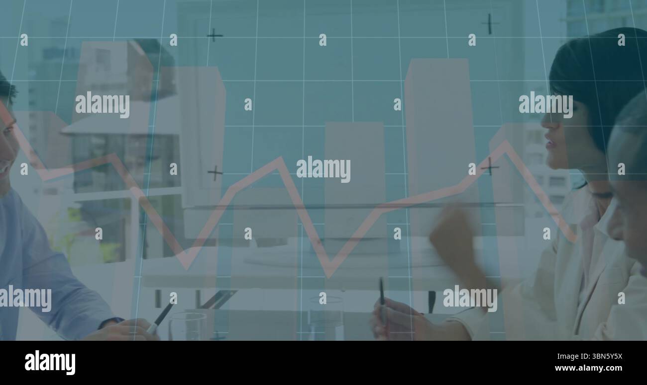 In office, businessman analyzing financial graph image on computer screen Stock Photo