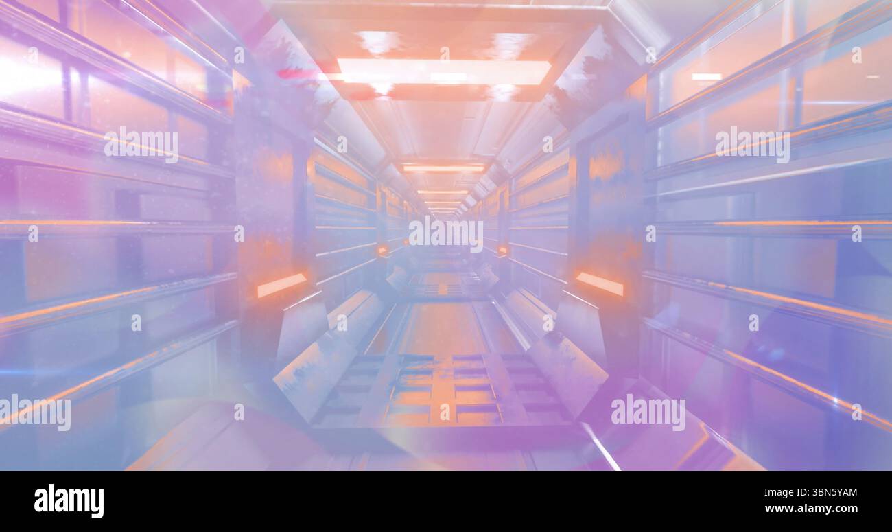 Leading futuristic metallic corridor through spaceship interior, with ...