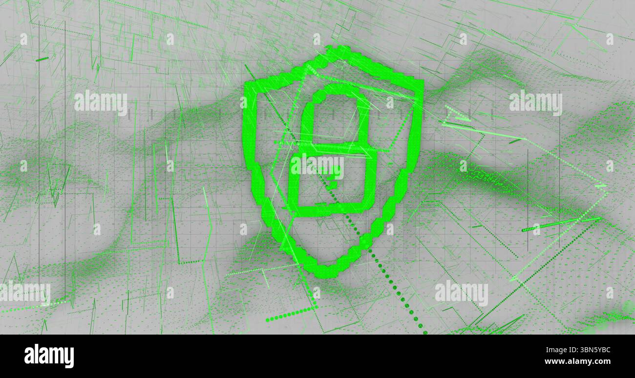 Floating neon green shield displaying padlock icon in abstract digital network, with dotted path Stock Photo
