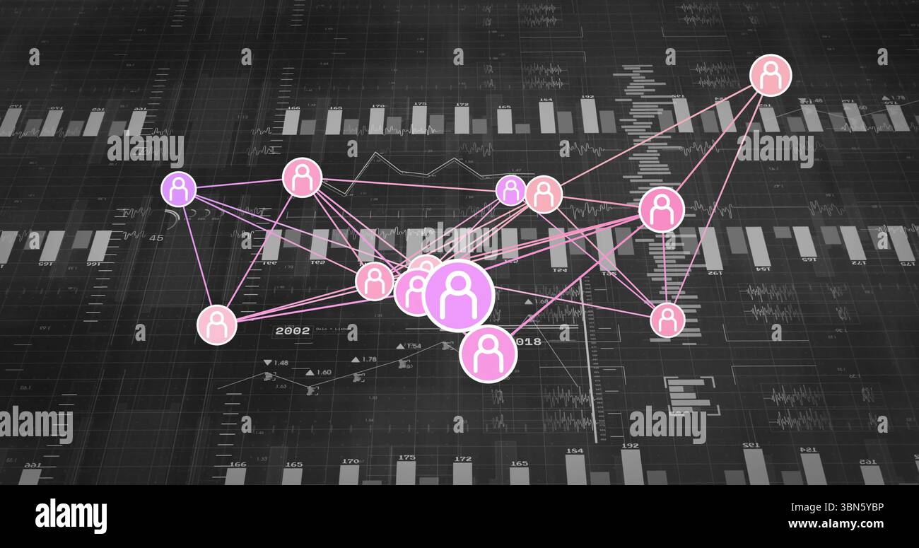 Displaying connected circular user icons floating on dark dashboard grid, with bar chart segments Stock Photo