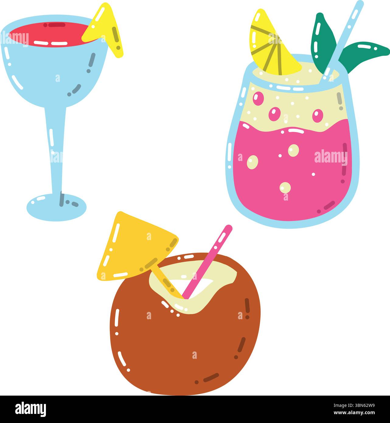 Colorful Tropical Cocktail Set Illustrations with Fruit Garnishes and ...