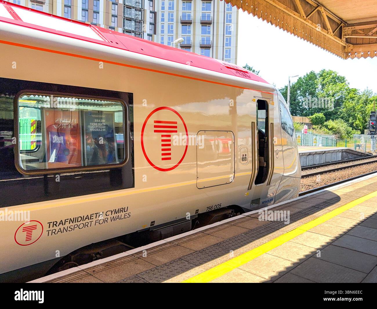 Cardiff, Wales, UK - 18 June 2025: Class 756 commuter train at Cardiff Central Railway station. The train operator is Transport for Wales. - Smartphone Captured Stock Image