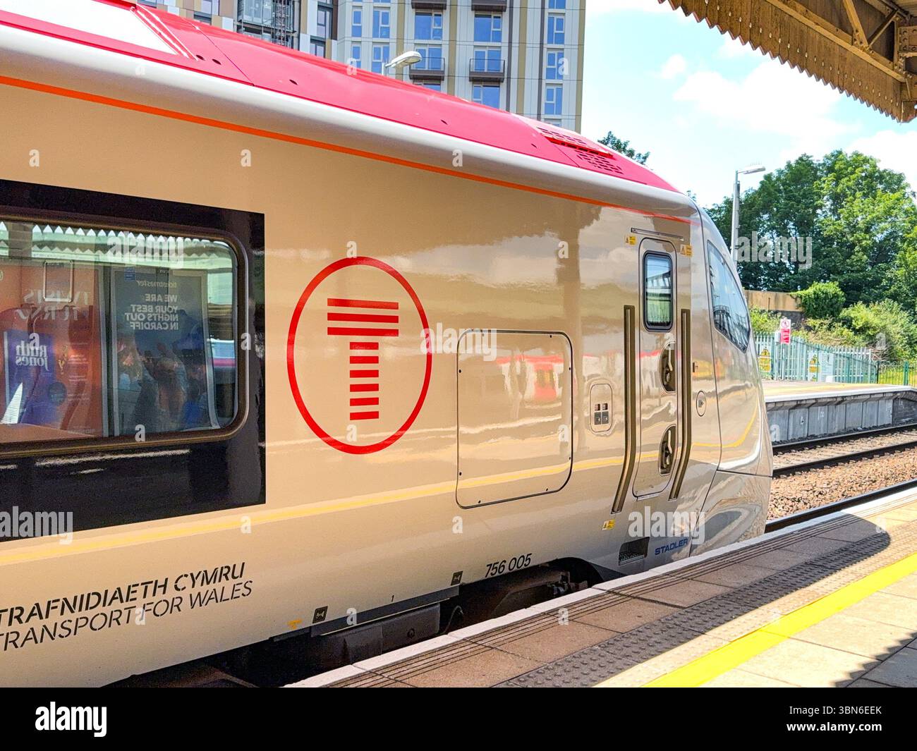 Cardiff, Wales, UK - 18 June 2025: Class 756 commuter train at Cardiff Central Railway station. The train operator is Transport for Wales - Smartphone Captured Stock Image