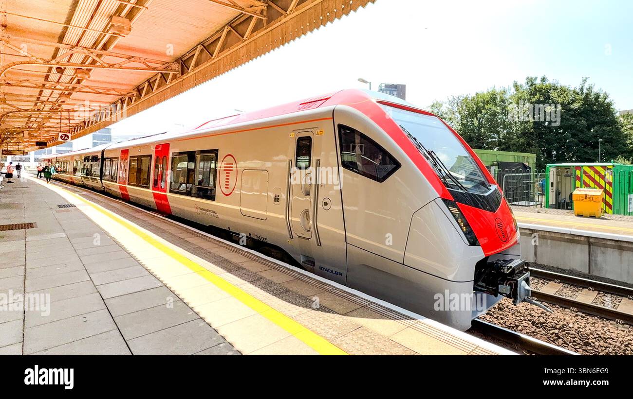 Cardiff, Wales, UK - 18 June 2025: Class 756 commuter train at Cardiff Central Railway station. The train operator is Transport for Wales. - Smartphone Captured Stock Image