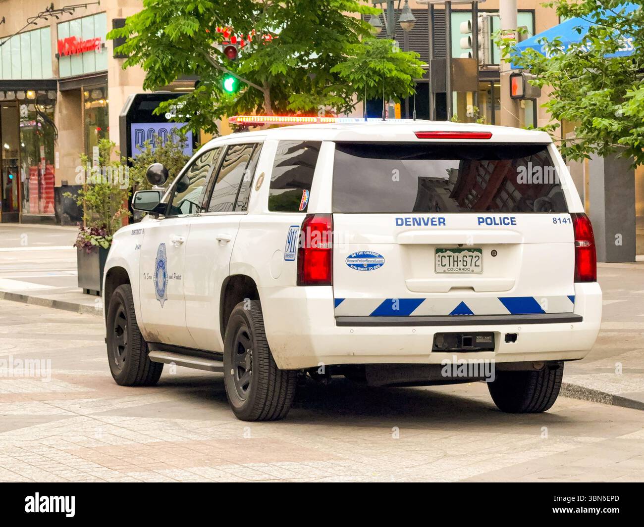 Denver, Colorado, USA - 2 June 2025: Police patrol car of the Denver Police Department on patrol in the city centre. - Smartphone Captured Stock Image