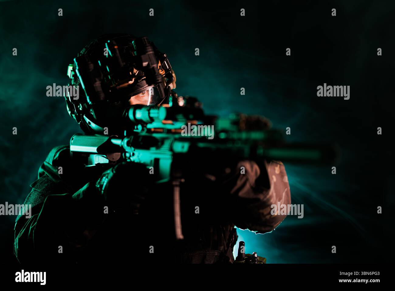 A tactical operator equipped with advanced gear aiming a scoped rifle ...