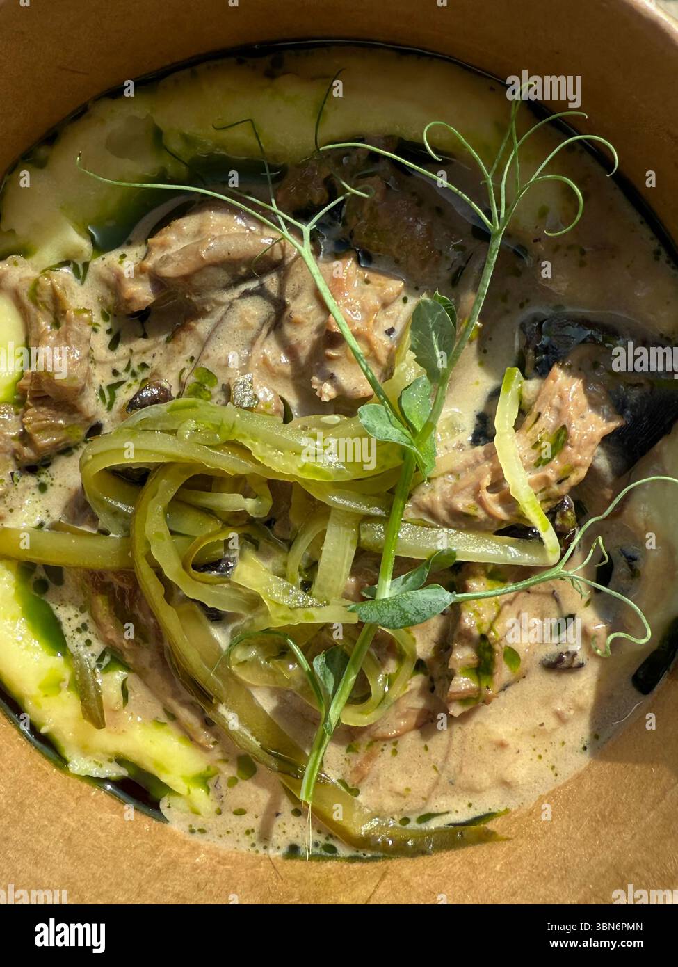 The photo shows a close-up of a creamy meat stew served in a brown bowl. The dish contains tender pieces of meat in a cream-based sauce, mashed potato Stock Photo