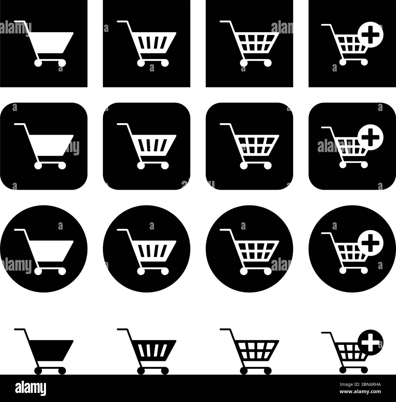 Set of shopping cart icons. Set of black and white round and square ...