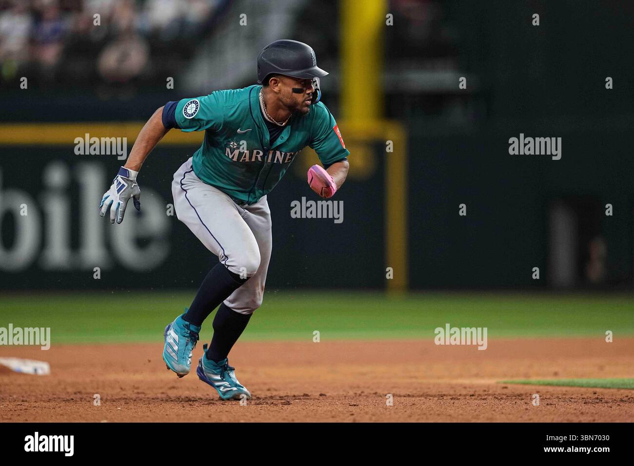Seattle Mariners' Julio Rodriguez takes a lead off of second during a