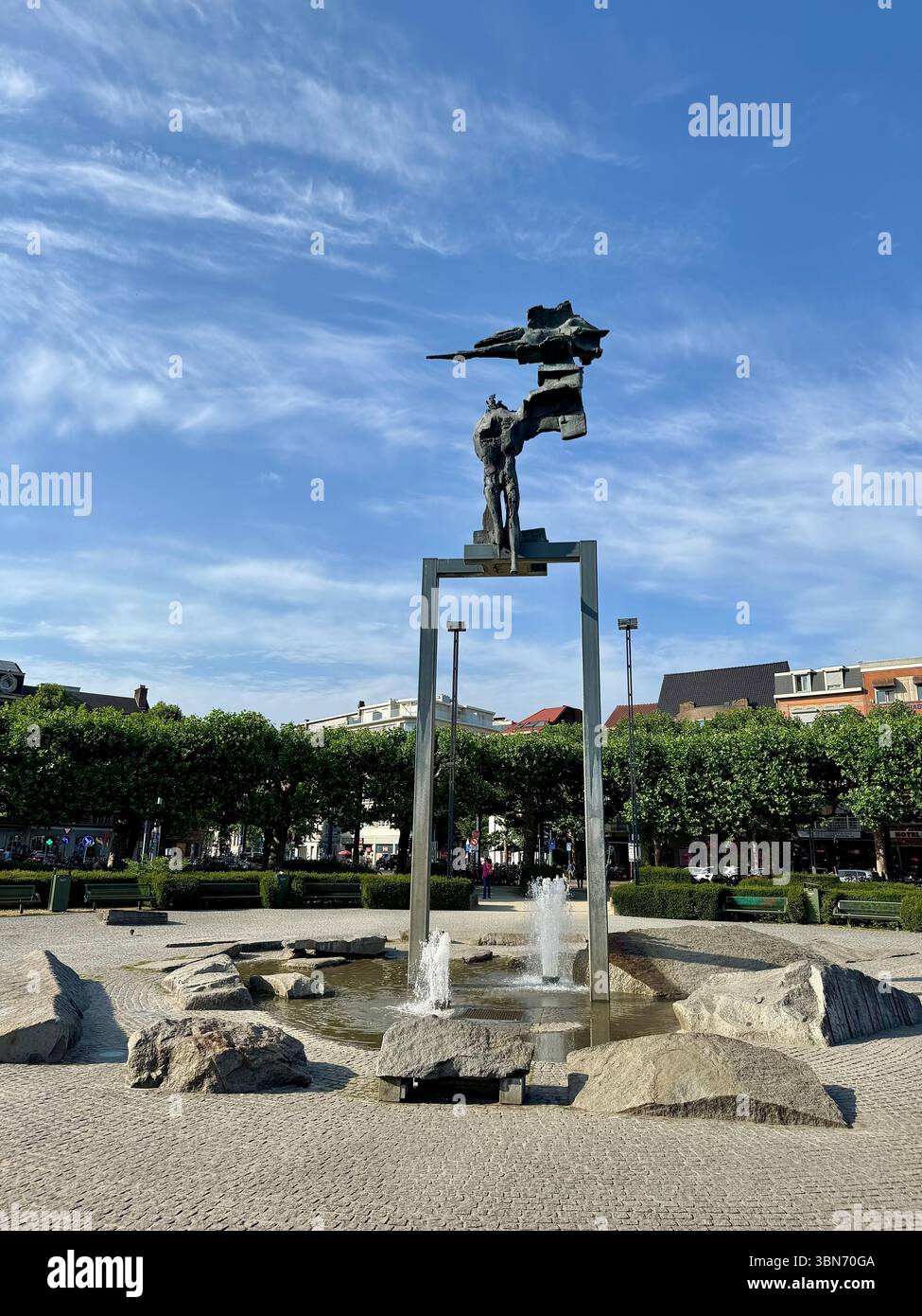 Abstract metal sculpture fountain in a public square near Gent-Sint-Pieters train station, Ghent, Belgium. - Smartphone Captured Stock Image
