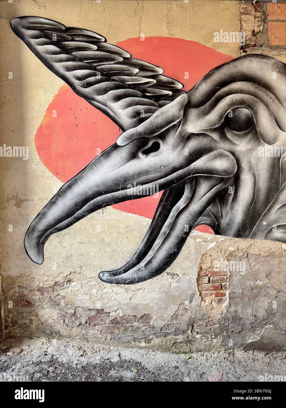 Surreal black-and-white bird skull mural with a red background circle on a weathered wall in Ghent, Belgium. - Smartphone Captured Stock Image