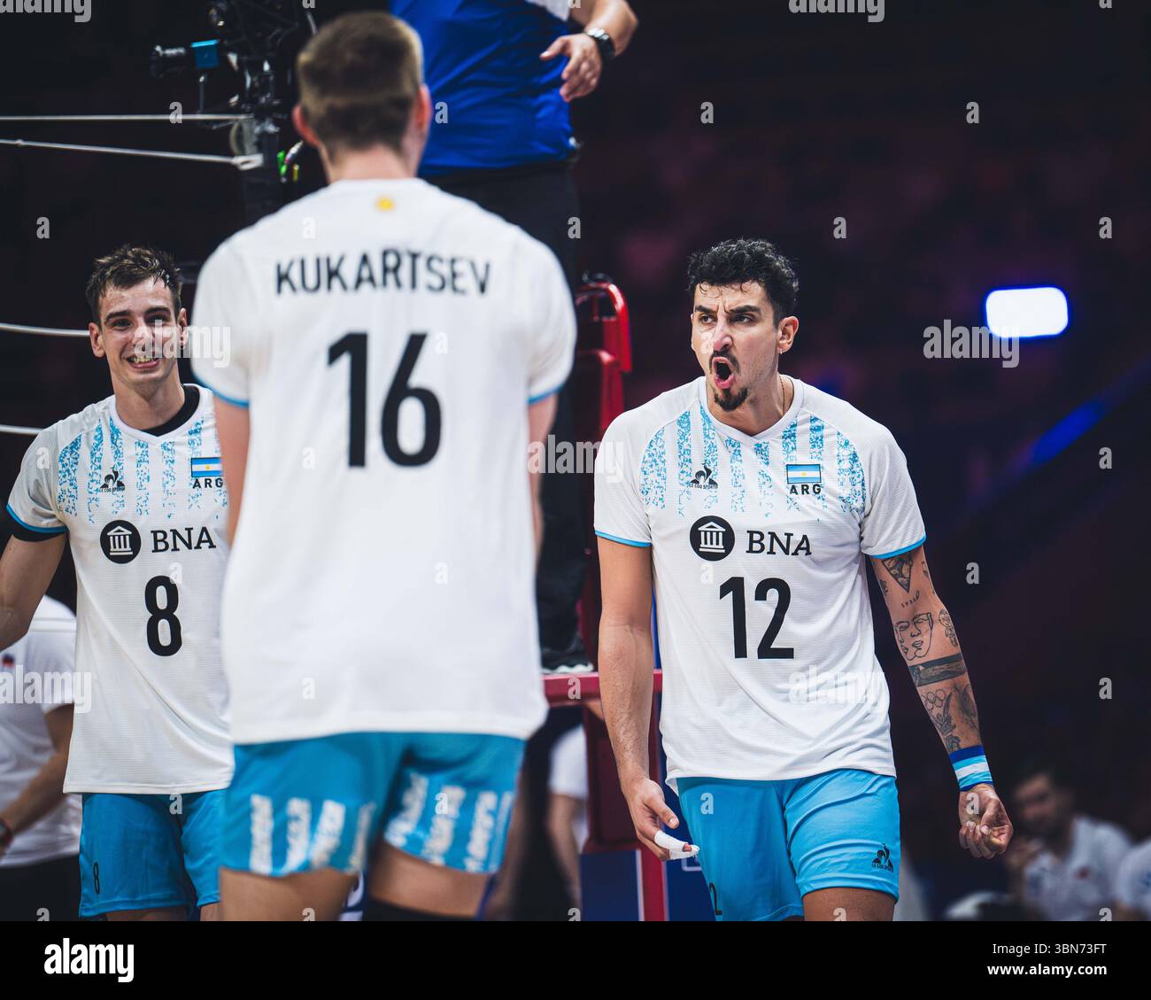 Slovenia vs Argentina during FIVB Volleyball Nations League 2024 men's match on June 28 in Łódź, Poland. Stock Photo