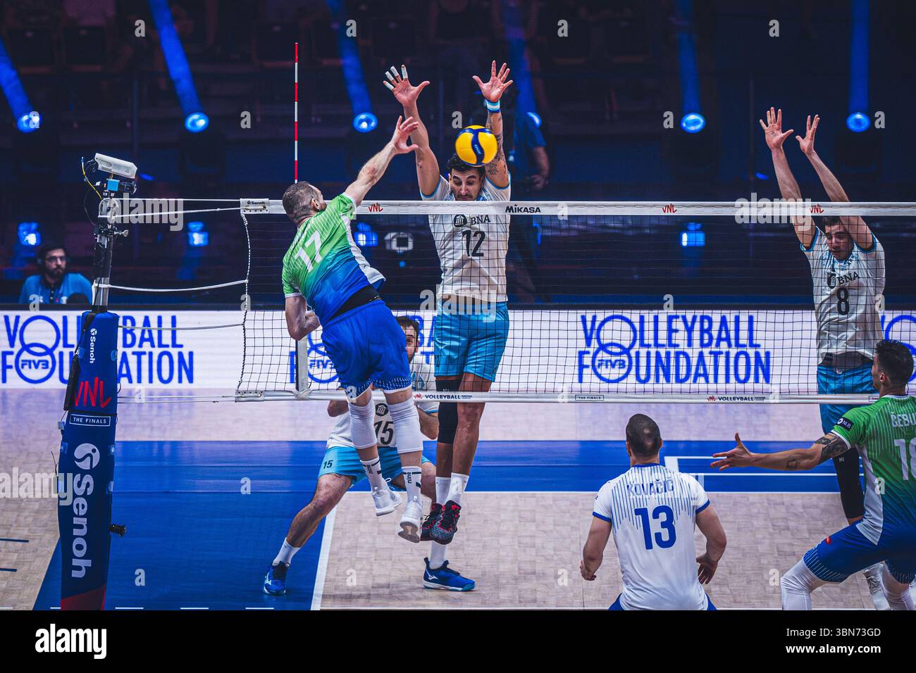 Slovenia vs Argentina during FIVB Volleyball Nations League 2024 men's match on June 28 in Łódź, Poland. Stock Photo