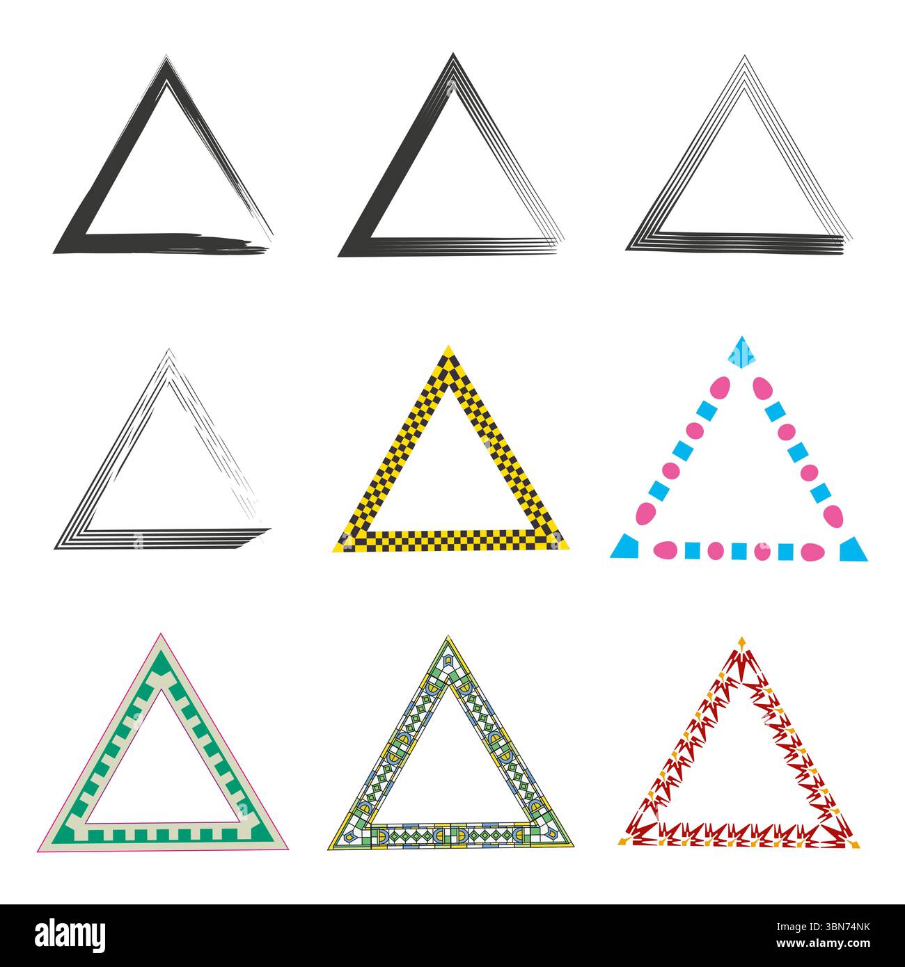 Decorative triangle set. Bold patterns and colors. Multistyle border frames. Modern geometric accents. Stock Vector
