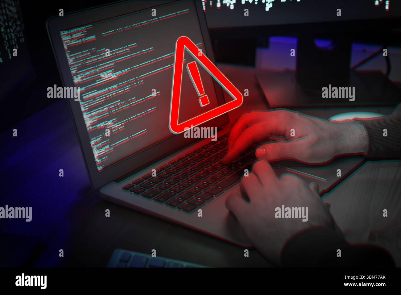 Cyber attack alert notification. Red warning sign on virtual screen. Hacker  using laptop, closeup Stock Photo - Alamy