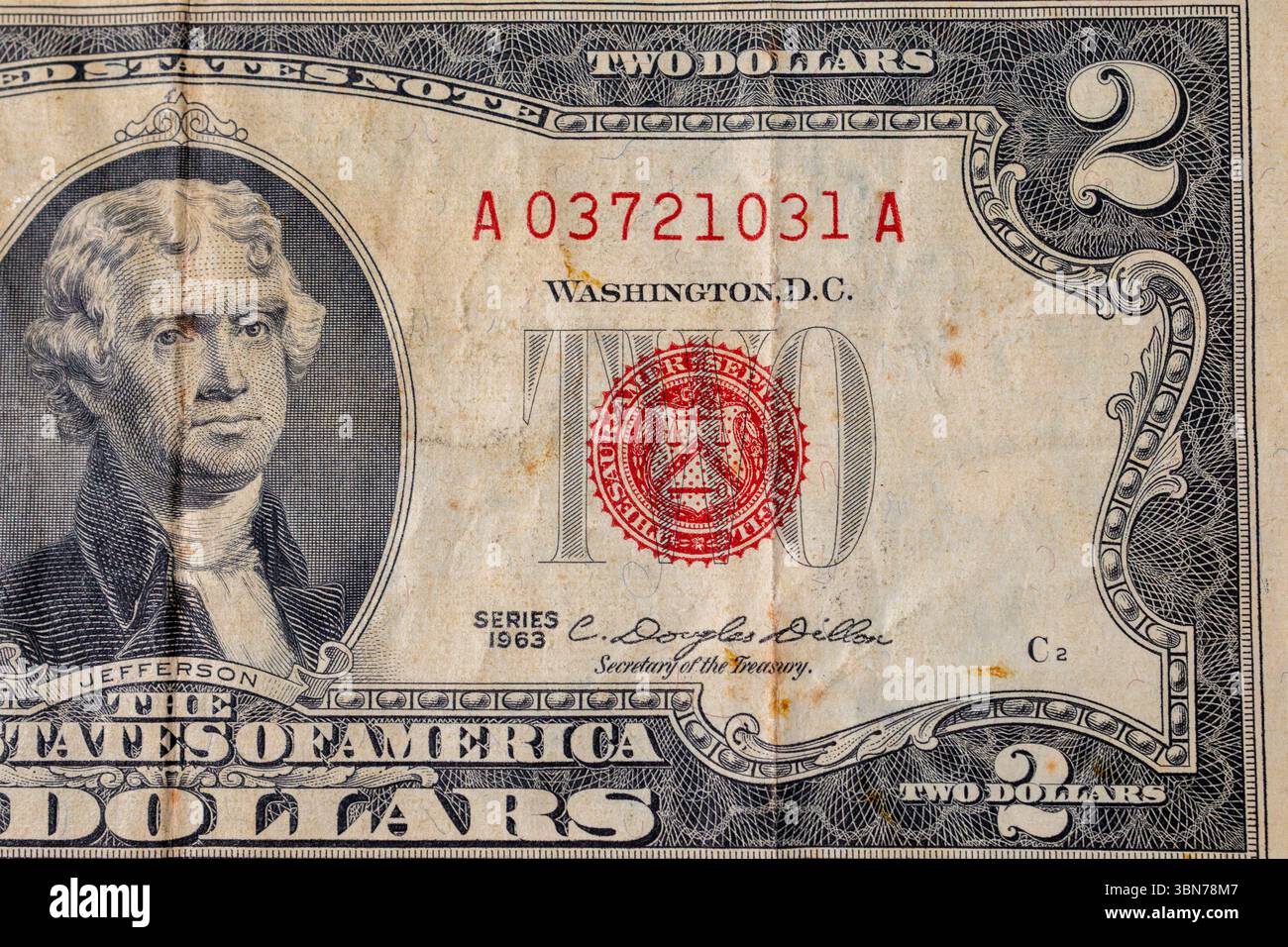 Half of Old Two Dollar Bill with Jefferson Portrait - bill from 1963 ...