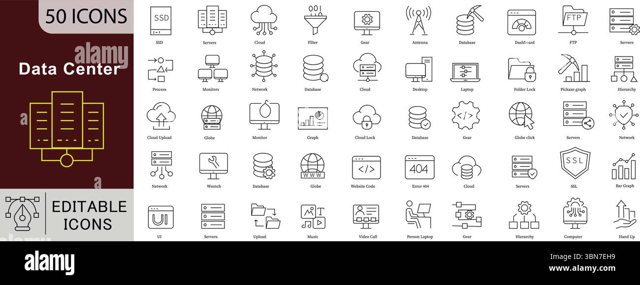 Data Center Line Icons: Server, Cloud Computing and Network Technology Vectors Stock Vector