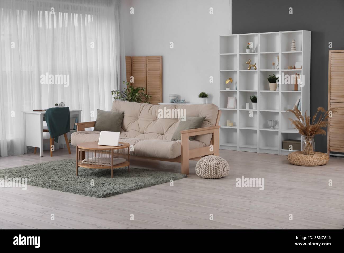 Interior of light living room with cozy sofa, coffee table and shelving ...