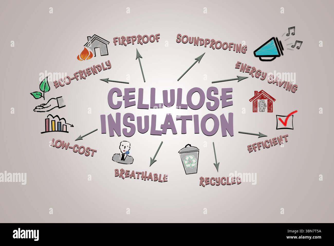 CELLULOSE INSULATION Concept. Illustration with icons, keywords and ...