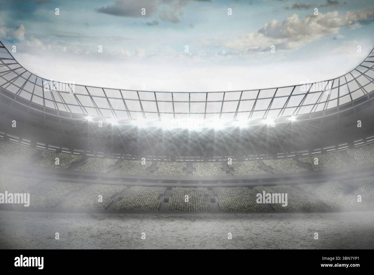 Floodlights and curved roof trusses are illuminating misty field