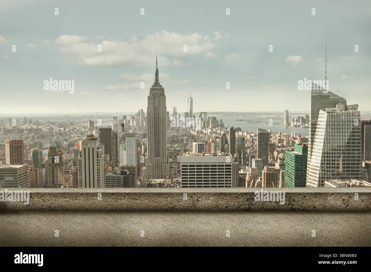 Illustrating vector rooftop ledge overlooking skyline with Empire State ...
