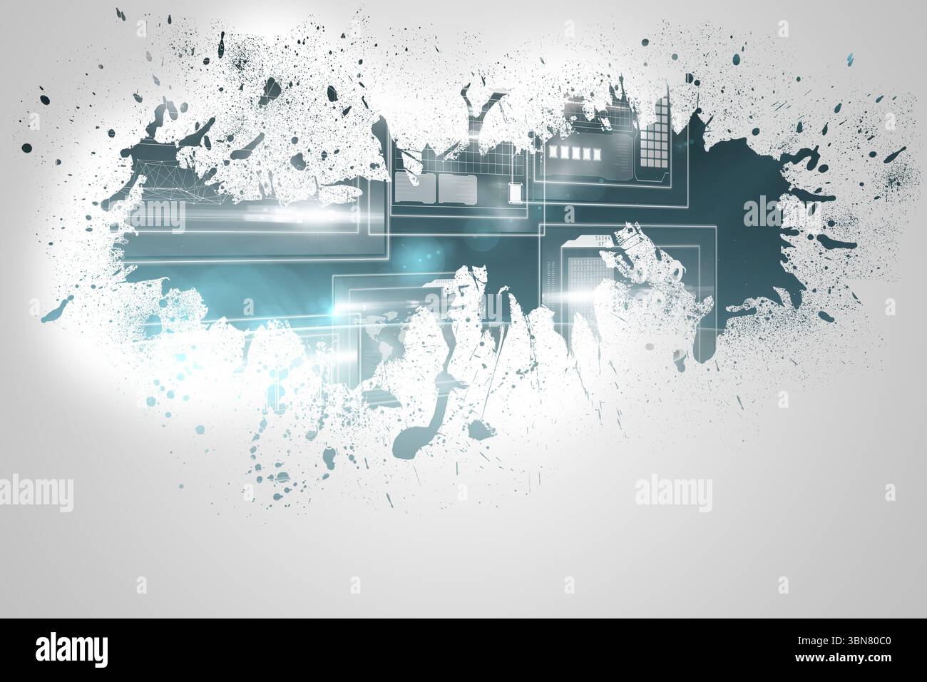 Splash on wall revealing technology interface Stock Photo