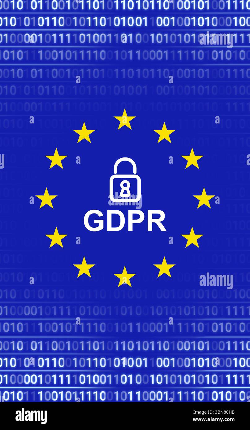 Padlock and GDPR text are standing out in flat style on binary code with yellow stars Stock Photo