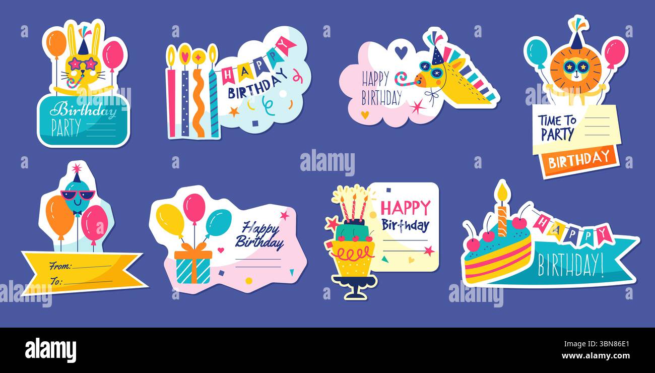 Birthday stickers. Badges with celebration colored funny elements ...