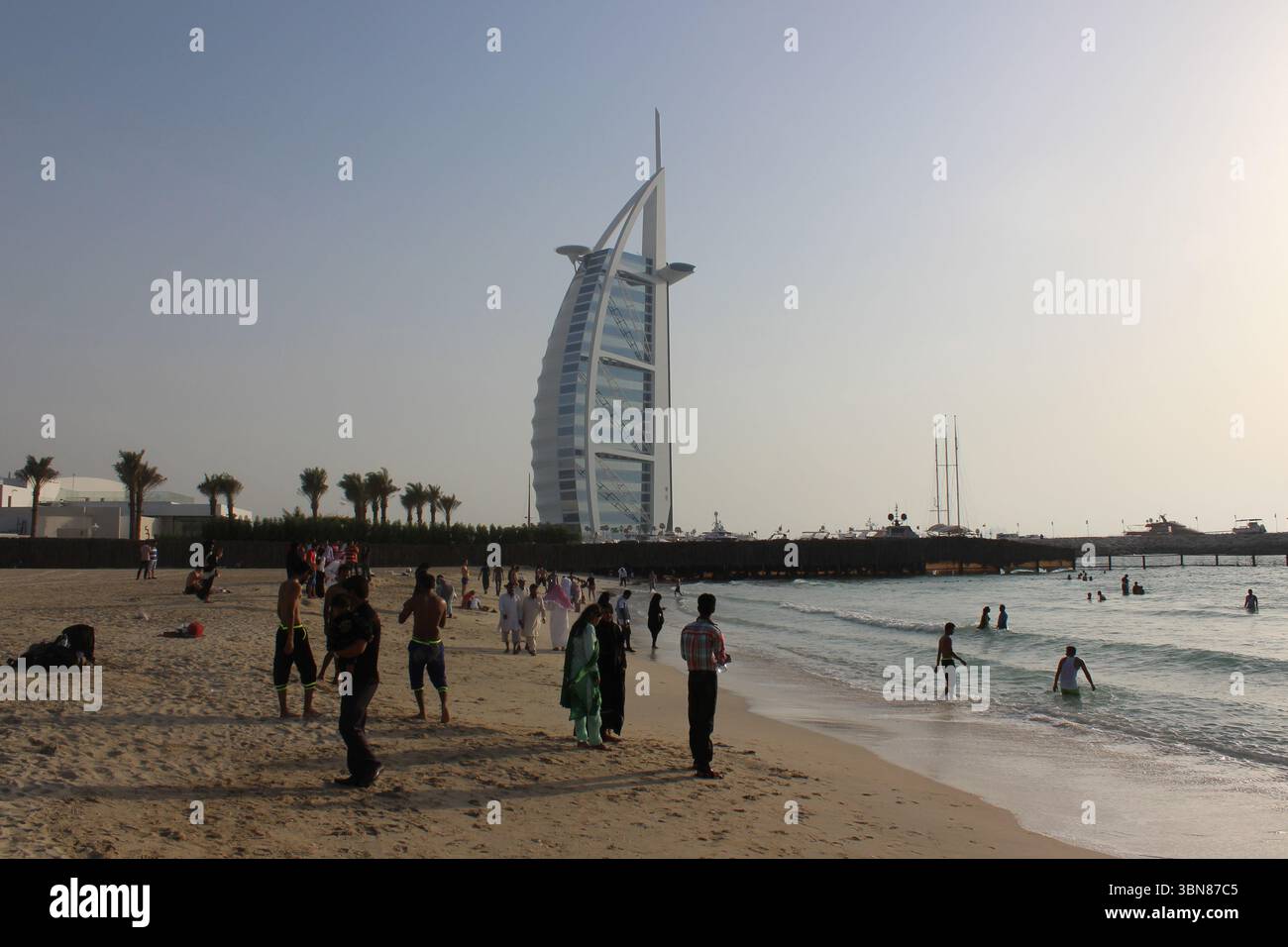 Burj Al Arab luxury hotel and Jumeirah public beach in Dubai city in UAE Stock Photo